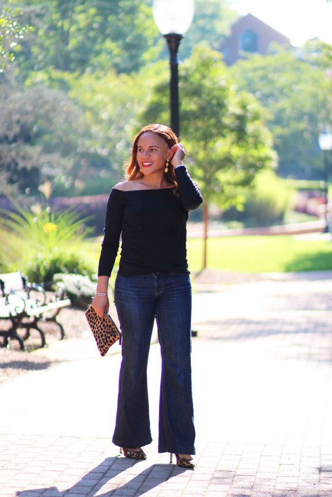 black off the shoulder top outfit with leopard heels, jcrew black off the shoulder long sleeve t-shirt, sam edelman hazel pumps, clare v flat leopard clutch, bauble bar criselda earrings, fall date night outfit
