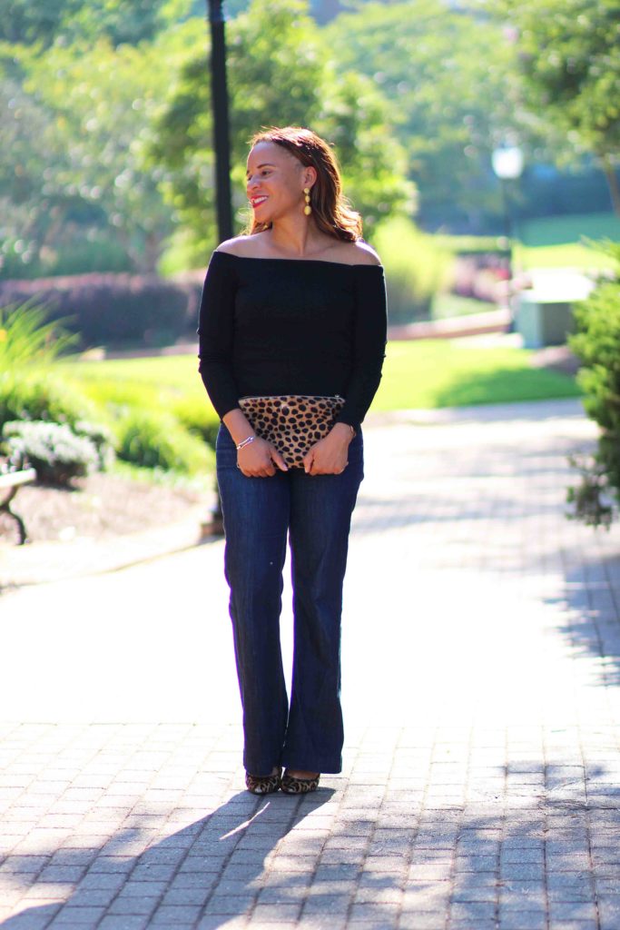 black off the shoulder top outfit with leopard heels, jcrew black off the shoulder long sleeve t-shirt, sam edelman hazel pumps, clare v flat leopard clutch, bauble bar criselda earrings, fall date night outfit