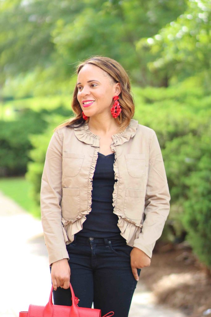 jcrew ruffle chino jacket, 3.1 phillip lim pashli bag, jcrew red statement earrings, rag and bone skinny jeans, business casual outfit, black and camel outfit, leopard heel outfit