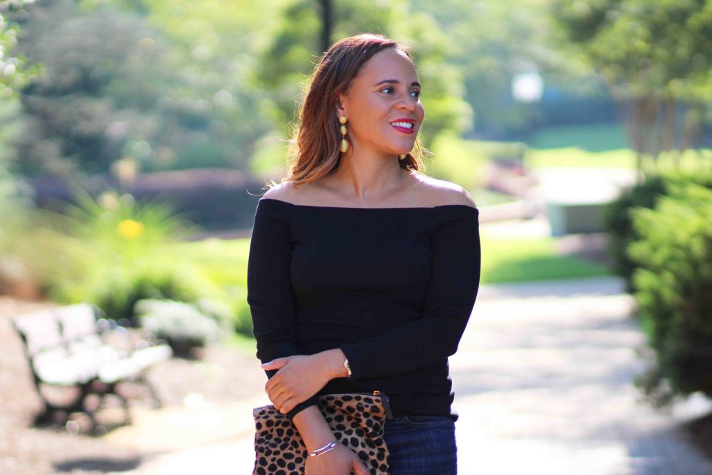 black off the shoulder top outfit with leopard heels, jcrew black off the shoulder long sleeve t-shirt, sam edelman hazel pumps, clare v flat leopard clutch, bauble bar criselda earrings, fall date night outfit