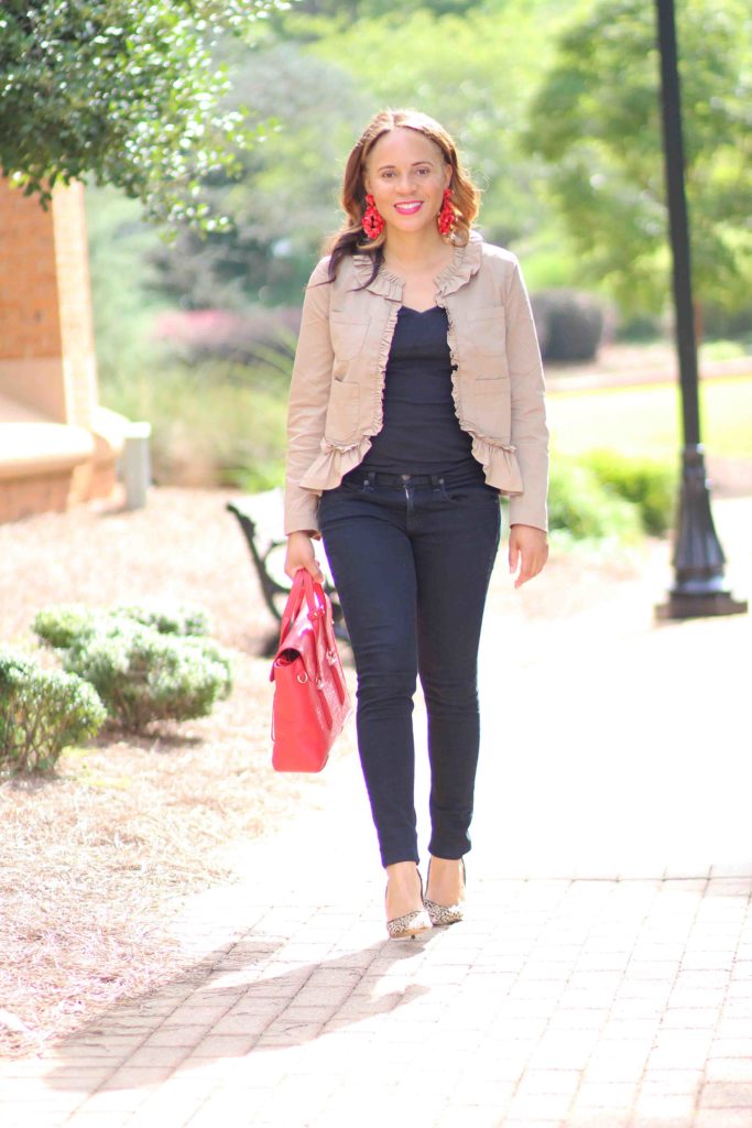 jcrew ruffle chino jacket, 3.1 phillip lim pashli bag, jcrew red statement earrings, rag and bone skinny jeans, business casual outfit, black and camel outfit, leopard heel outfit