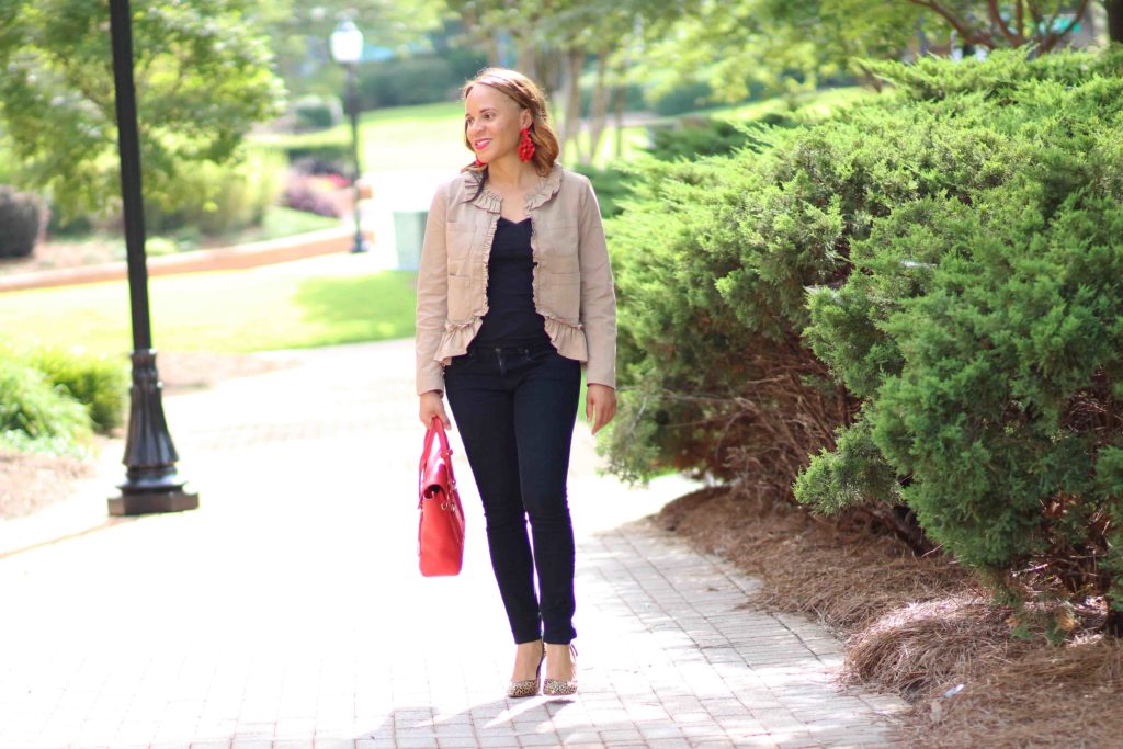 jcrew ruffle chino jacket, 3.1 phillip lim pashli bag, jcrew red statement earrings, rag and bone skinny jeans, business casual outfit, black and camel outfit, leopard heel outfit