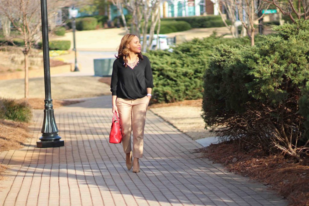 black banana republic wrap front top, camel sloan pants, nude suede heels, bauble bar necklace, business casual work outfit tan pants