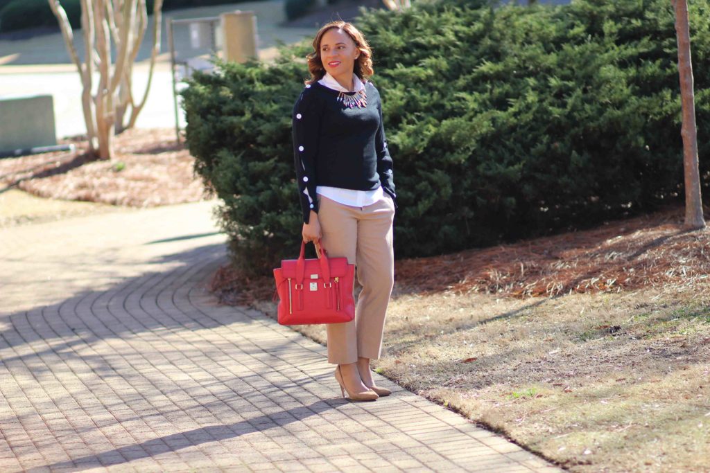 black ann taylor button sleeve sweater, tan banana republic sloan pants, zara tan suede pumps, nicole to the nines, business casual outfit with tan pants, tan pants for work, philip lim pashli bag