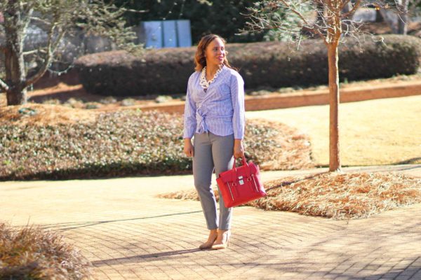 j crew cameron pant review, stripe shirt, nude suede heels, business casual work outfit, nicole to the nines