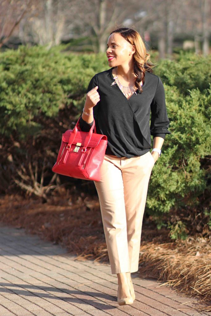 black banana republic wrap front top, camel sloan pants, nude suede heels, bauble bar necklace, business casual work outfit tan pants