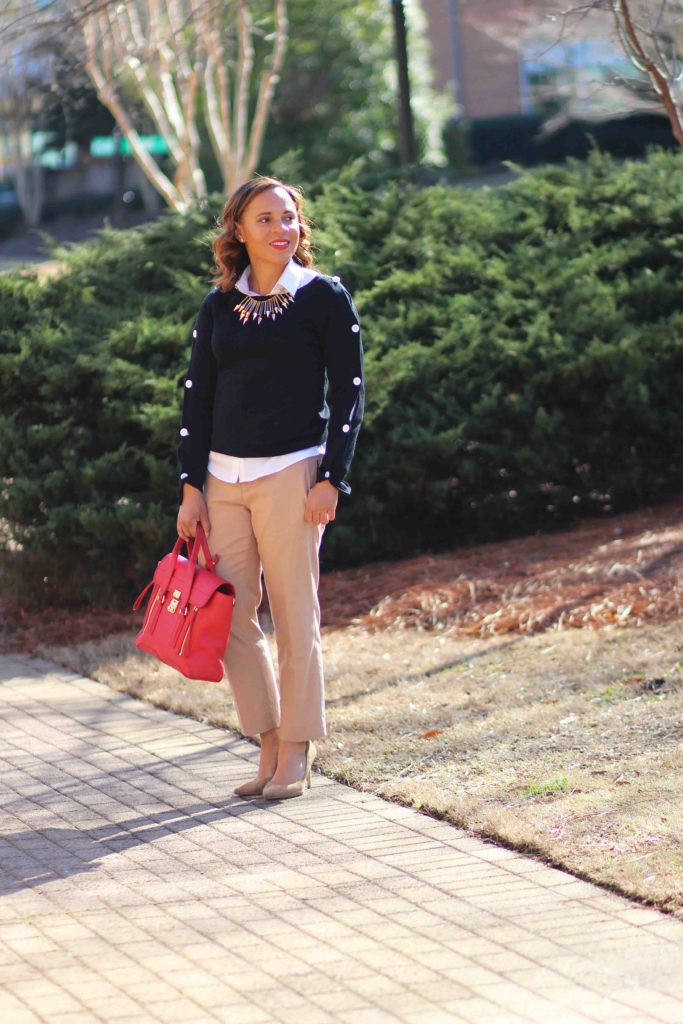 black ann taylor button sleeve sweater, tan banana republic sloan pants, zara tan suede pumps, nicole to the nines, business casual outfit with tan pants, tan pants for work, philip lim pashli bag