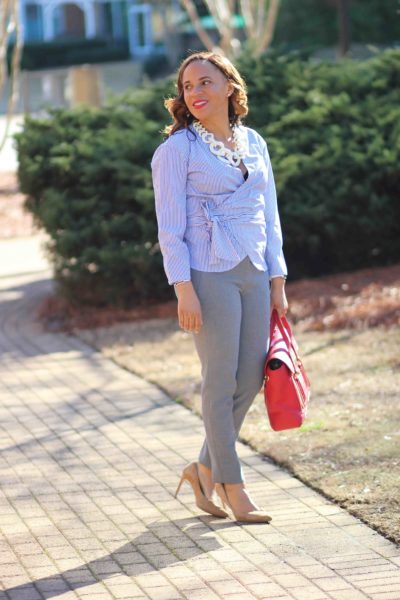 j crew cameron pant review, stripe shirt, nude suede heels, business casual work outfit, nicole to the nines