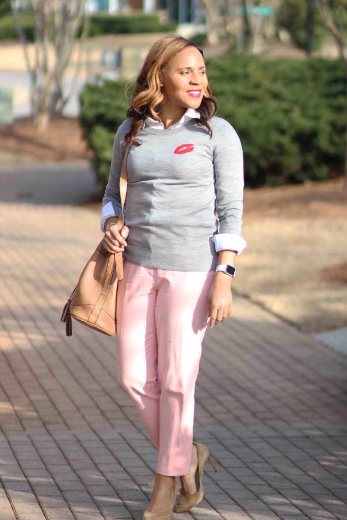 valentine's day work outfit, Banana republic gray merino wool sweater, old navy bucket bag, pink loft julie fit pants, zara nude suede pumps, how to wear pink pants to work