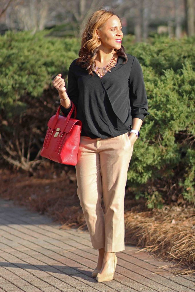 black banana republic wrap front top, camel sloan pants, nude suede heels, bauble bar necklace, business casual work outfit tan pants