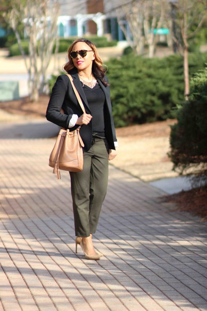 Loft Julie Fit Olive Pants, Banana Republic Merino Wool Sweater, Old Navy Camel Bucket Bag, Olive Pants Outfit, Business Casual Outfit with black blazer