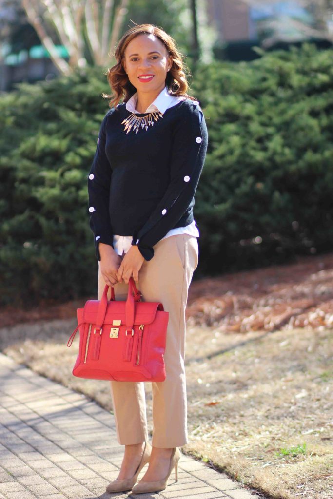 black ann taylor button sleeve sweater, tan banana republic sloan pants, zara tan suede pumps, nicole to the nines, business casual outfit with tan pants, tan pants for work, philip lim pashli bag