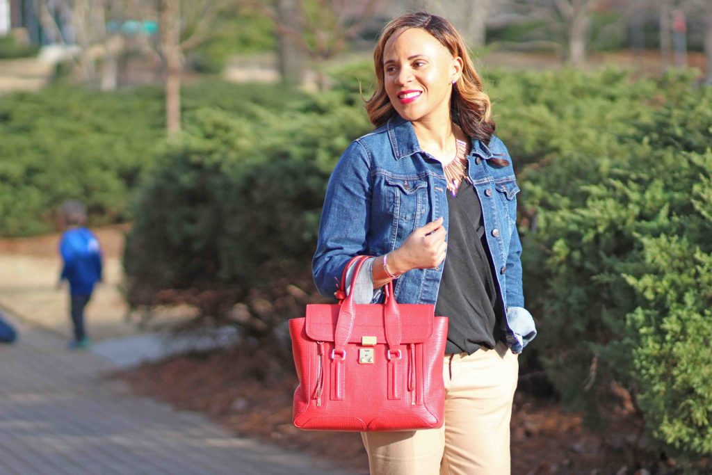 black banana republic wrap front top, camel sloan pants, nude suede heels, bauble bar necklace, business casual work outfit tan pants, old navy jean jacket