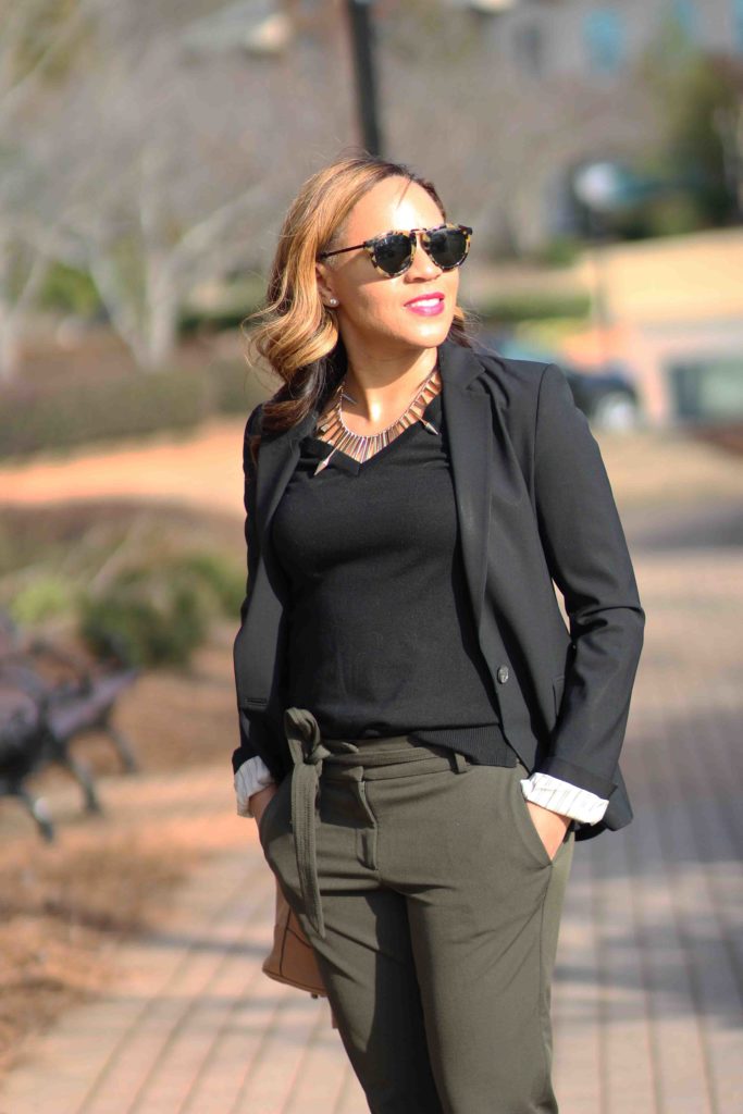 Loft Julie Fit Olive Pants, Banana Republic Merino Wool Sweater, Old Navy Camel Bucket Bag, Olive Pants Outfit, Business Casual Outfit with black blazer