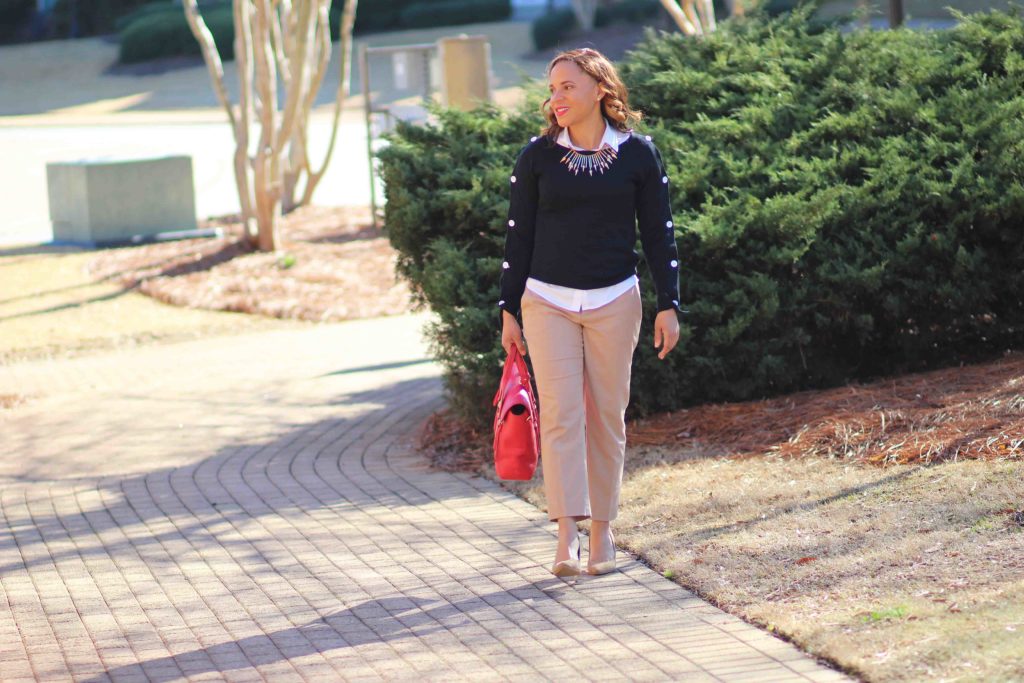 black ann taylor button sleeve sweater, tan banana republic sloan pants, zara tan suede pumps, nicole to the nines, business casual outfit with tan pants, tan pants for work, philip lim pashli bag