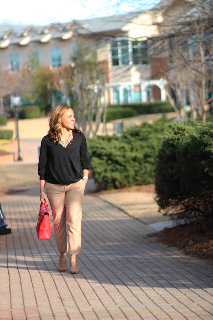 black banana republic wrap front top, camel sloan pants, nude suede heels, bauble bar necklace, business casual work outfit tan pants