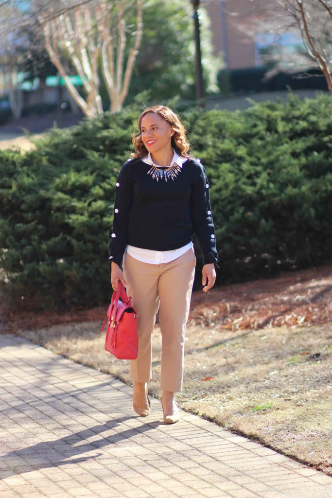 black ann taylor button sleeve sweater, tan banana republic sloan pants, zara tan suede pumps, nicole to the nines, business casual outfit with tan pants, tan pants for work, philip lim pashli bag