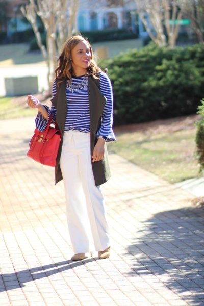 green vest work outfit, draper james stripe top, white pants work outfit, zara suede heels, philip lim pashli bag, nicole to the nines