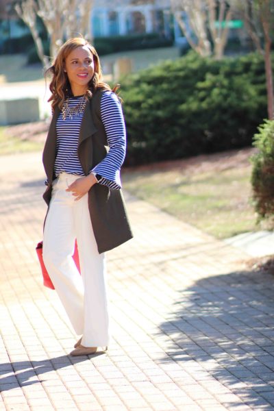 green vest work outfit, draper james stripe top, white pants work outfit, zara suede heels, philip lim pashli bag, nicole to the nines