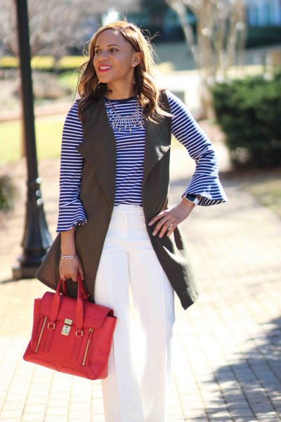green vest work outfit, draper james stripe top, white pants work outfit, zara suede heels, philip lim pashli bag, nicole to the nines