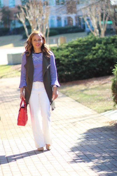 green vest work outfit, draper james stripe top, white pants work outfit, zara suede heels, philip lim pashli bag, nicole to the nines