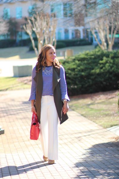 green vest work outfit, draper james stripe top, white pants work outfit, zara suede heels, philip lim pashli bag, nicole to the nines