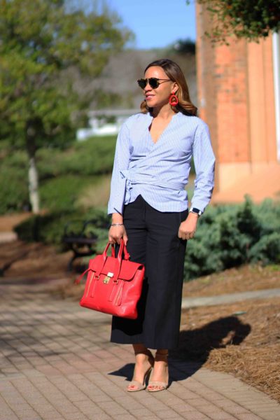 how to wear cropped wide leg pants, ann taylor marina cropped pants, j crew stripe wrap top, sam edelman yaro sandals, 3.1 phillip lim pashli bag, nicole to the nines, spring business casual outfit 