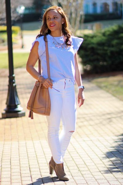draper james stripe top, jcrew white jeans, old navy bucket bag, bauble bar statement necklace, nicole to the nines, casual spring outfit