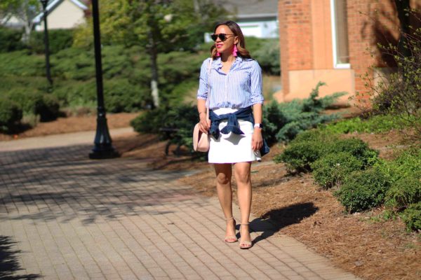 old navy blue striped tunic, jcrew white skirt, sam edelman yaro sandals, old navy jean jacket, bauble bar pink tassel earrings, nicole to the nines