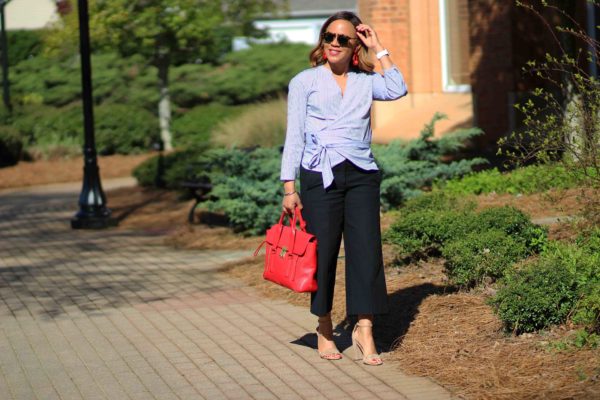 how to wear cropped wide leg pants, ann taylor marina cropped pants, j crew stripe wrap top, sam edelman yaro sandals, 3.1 phillip lim pashli bag, nicole to the nines, spring business casual outfit