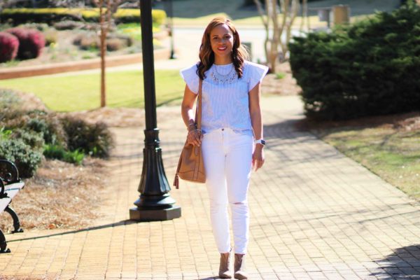 draper james stripe top, jcrew white jeans, old navy bucket bag, bauble bar statement necklace, nicole to the nines, casual spring outfit