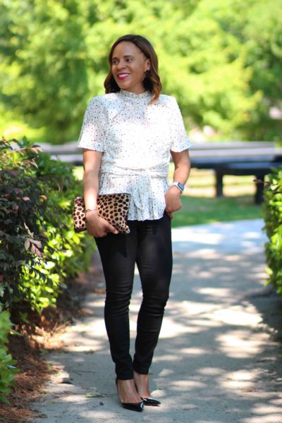 rebecca taylor star print top, madewell skinny black denim, clare v leopard clutch, bauble bar feather earrings, day to night tops, christian louboutin iriza pumps, nicole to the nines, day to night outfit