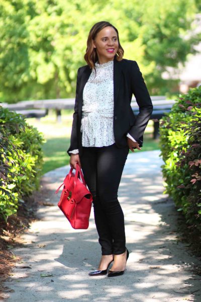 rebecca taylor star print top, madewell skinny black denim, clare v leopard clutch, bauble bar feather earrings, day to night tops, christian louboutin iriza pumps, nicole to the nines, day to night outfit