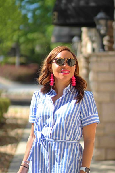 loft striped dress, bauble bar tassel earrings, old navy bucket bag, sam edelman yaro sandals, casual summer outfit