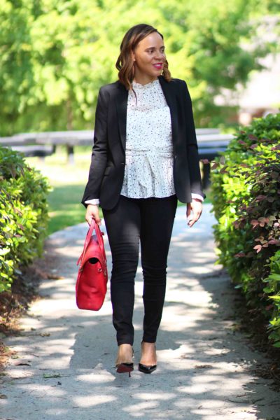 rebecca taylor star print top, madewell skinny black denim, clare v leopard clutch, bauble bar feather earrings, day to night tops, christian louboutin iriza pumps, nicole to the nines, day to night outfit