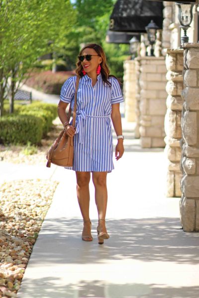 loft striped dress, bauble bar tassel earrings, old navy bucket bag, sam edelman yaro sandals, casual summer outfit