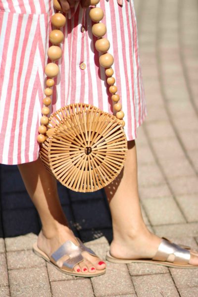 Mango striped dress, cult gaia bamboo circle bag, gold steven greece slides, easy summer casual dress, nicole to the nines