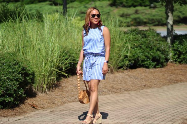 ann taylor blue striped matching set, ann taylor blue striped sleeveless top, ann taylor blue striped shorts, cult gaia bamboo circle bag, baublebar pink tassel earrings, nicole to the nines, blue striped matching set