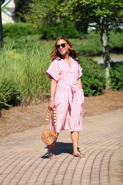 Mango striped dress, cult gaia bamboo circle bag, gold steven greece slides, easy summer casual dress, nicole to the nines