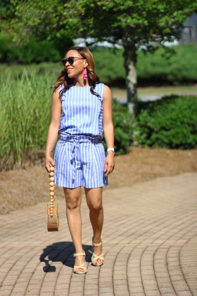 ann taylor blue striped matching set, ann taylor blue striped sleeveless top, ann taylor blue striped shorts, cult gaia bamboo circle bag, baublebar pink tassel earrings, nicole to the nines, blue striped matching set
