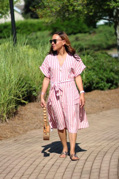 Mango striped dress, cult gaia bamboo circle bag, gold steven greece slides, easy summer casual dress, nicole to the nines