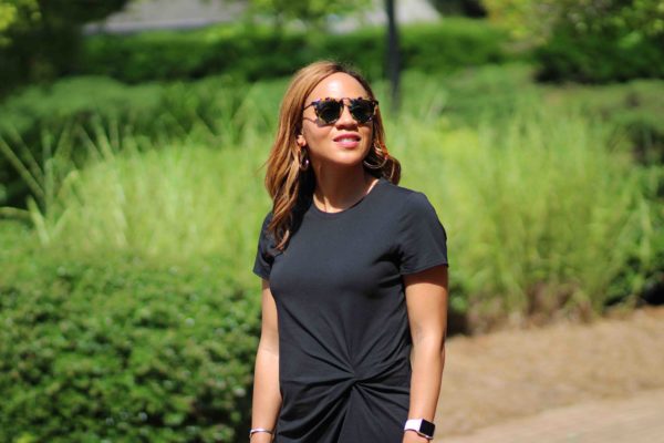 black banana republic t-shirt dress, straw kayu bag, gold steven sandals, karen walker super duper sunglasses, nicole to the nines, summer casual outfit, how to wear a t-shirt dress