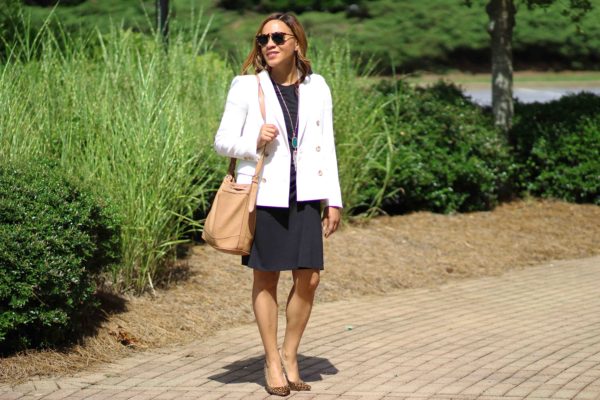 black banana republic t-shirt dress, old navy bucket bag, gold steven sandals, karen walker super duper sunglasses, nicole to the nines, summer business casual outfit, how to wear a t-shirt dress, white jcrew double breasted blazer